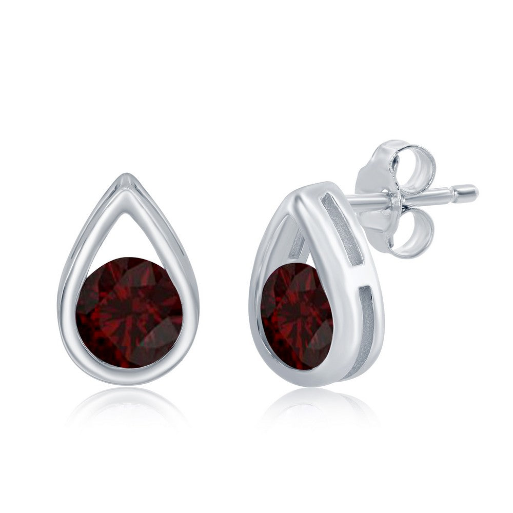 Sterling Silver Pearshaped Earrings W/Round 'January Birthstone' Gemstone Studs - Garnet