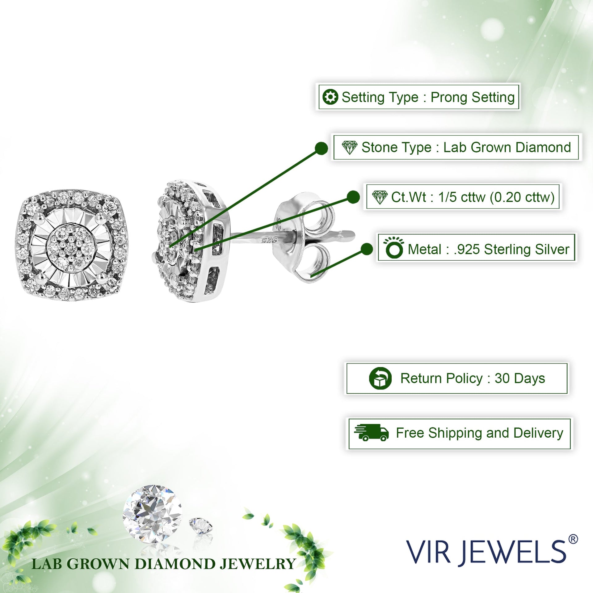1/5 cttw Round Cut Lab Grown Diamond Earrings Square Studs In .925 Sterling Silver Prong Set