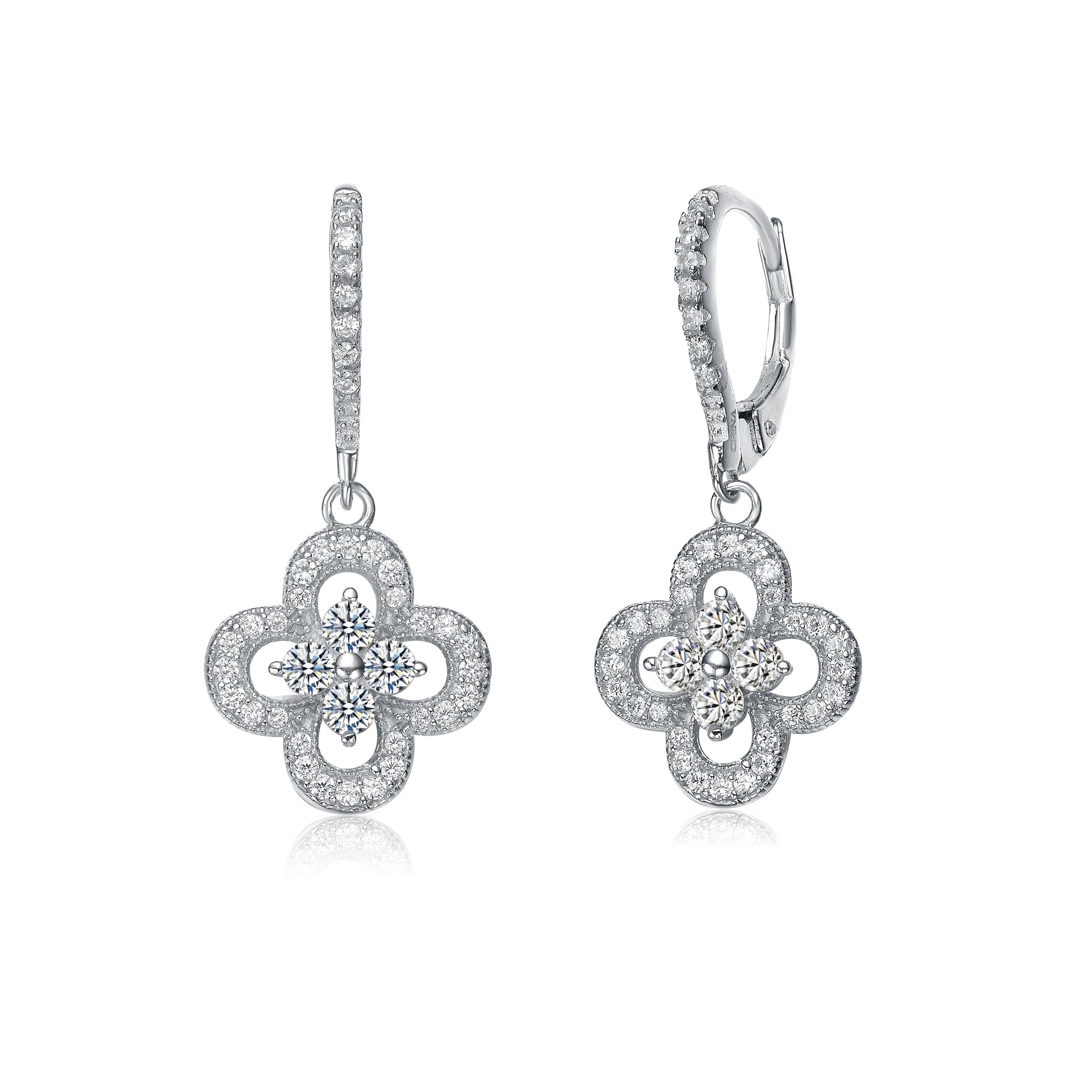 Cubic Zirconia Sterling Silver Rhodium Plated Flower Shape Micro Pave Earrings