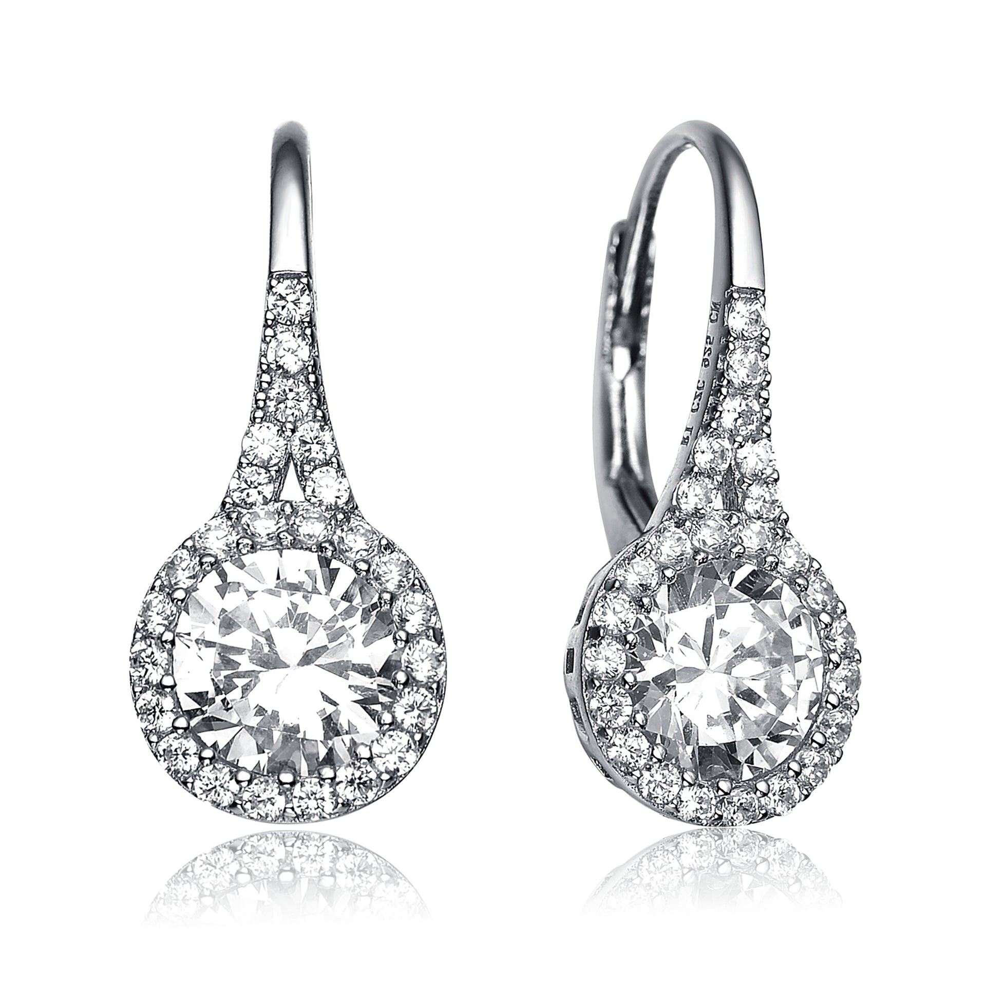Sterling Silver Cubic Zirconia Halo Leverback Drop Earrings