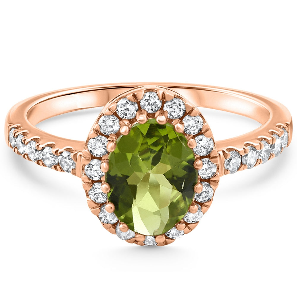 1 1/2 CT Oval Peridot Halo Diamond Ring 14k Gold Lab Grown