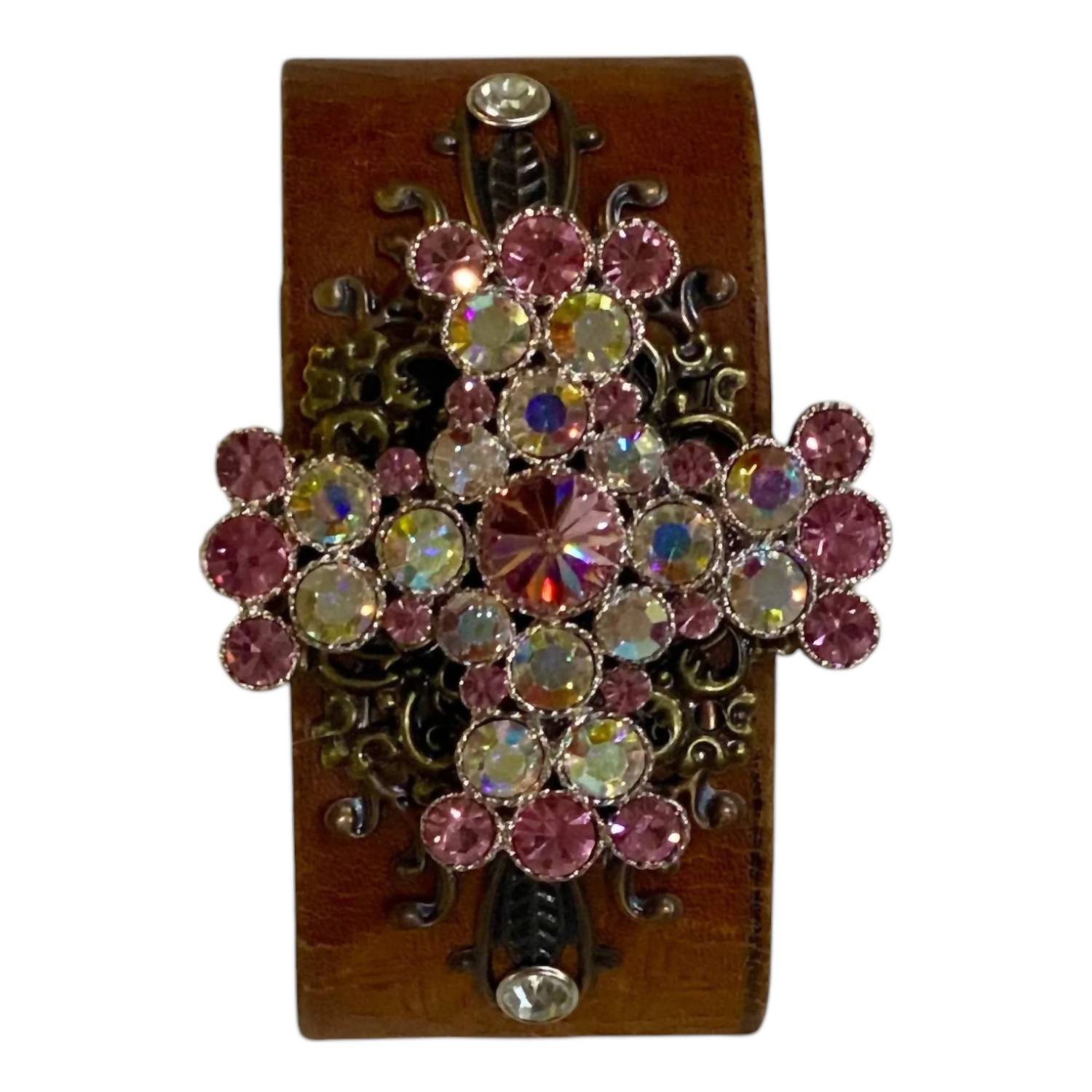 Leather Cuff With Pink And Ab Decorative Brooch Cross In Brown