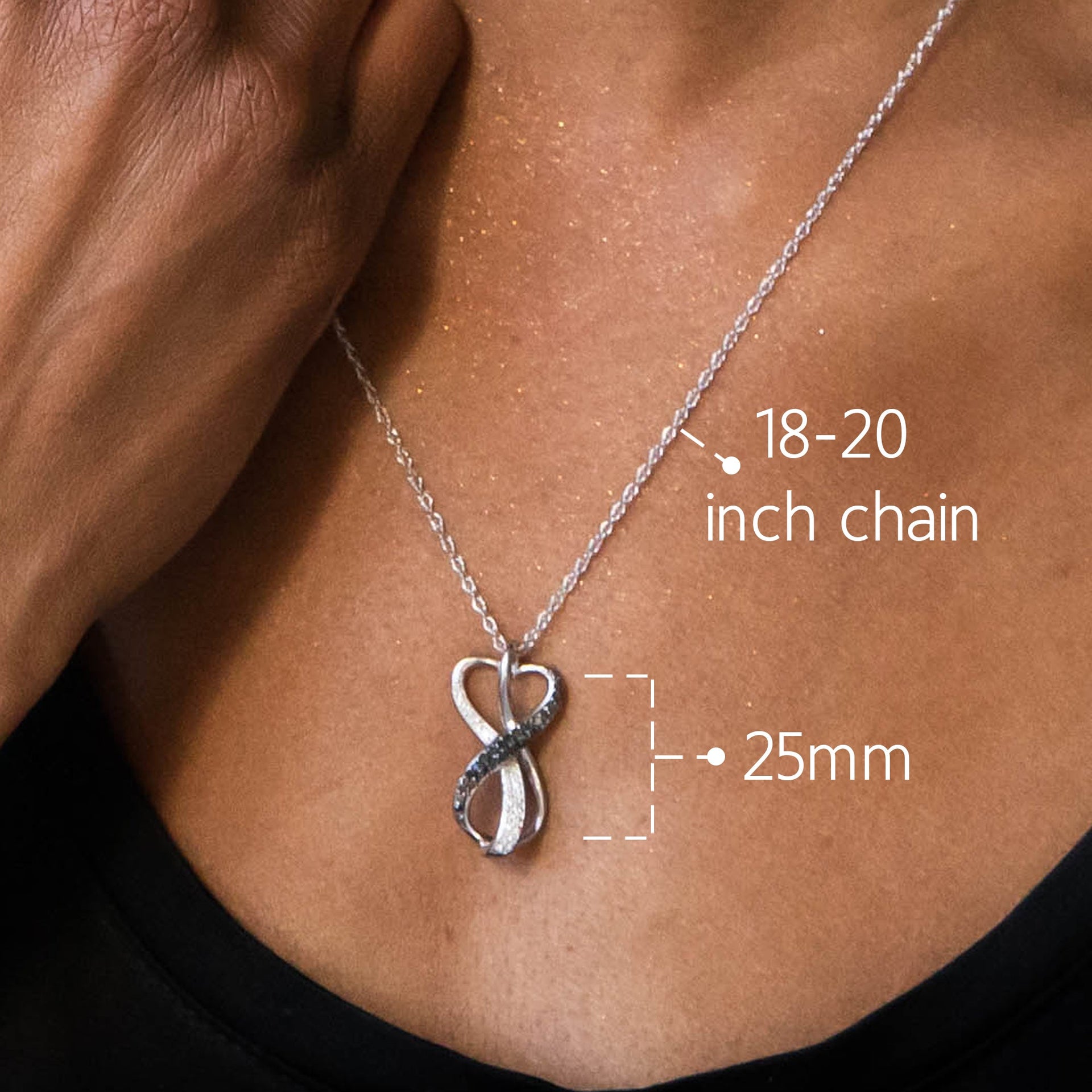 Sterling Silver 0.2 Carat White & Black Diamond Infinity Heart Necklace with Adjustable 18â€-20â€ Rope Chain