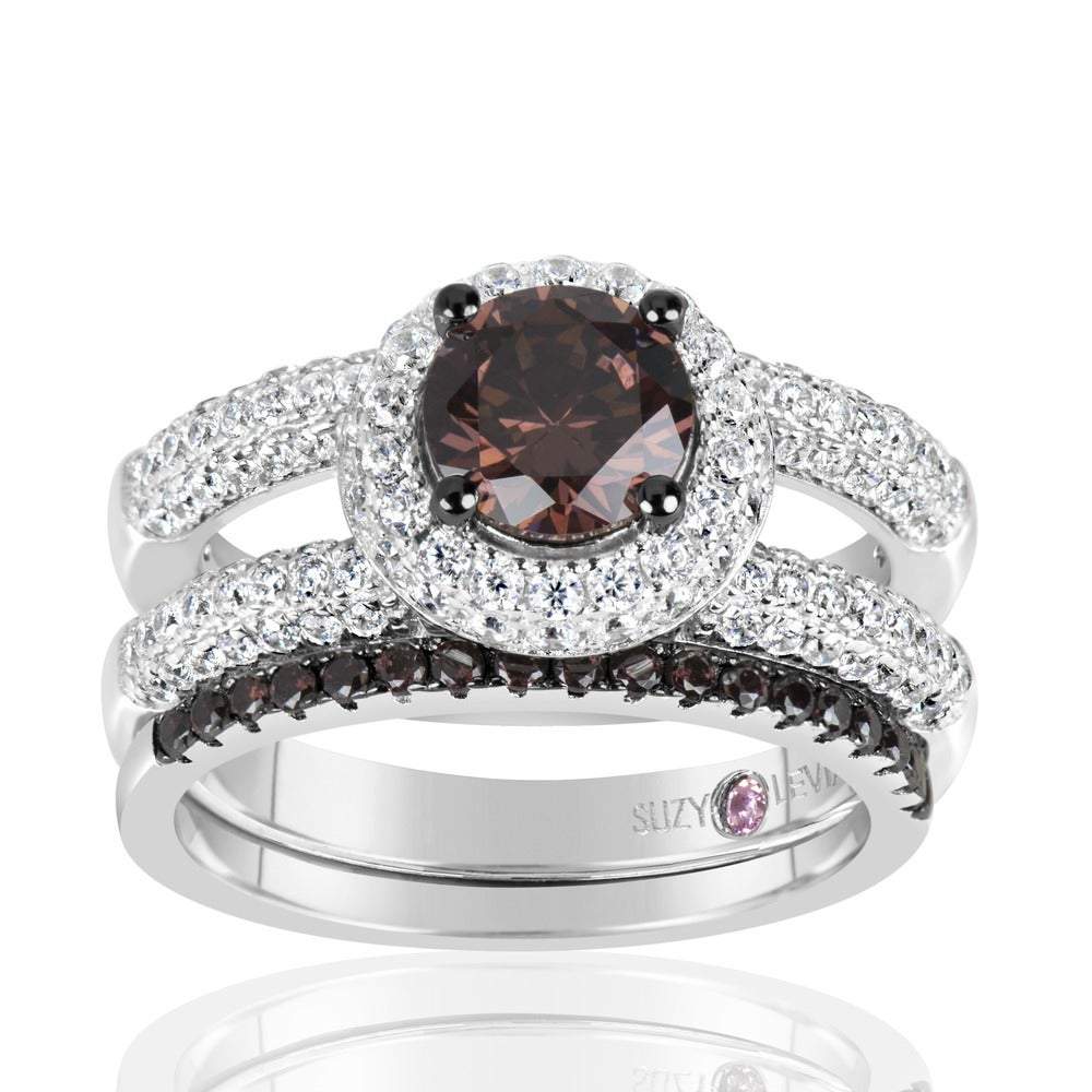 Suzy Levian Sterling Silver Brown Chocolate and White Cubic Zirconia 2-Piece Engagement Ring