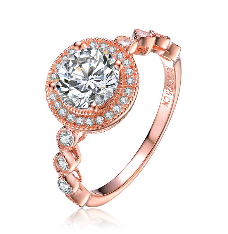 GENEVIVE Sterling Silver Rose Gold Plated Cubic Zirconia Pave Solitaire Ring