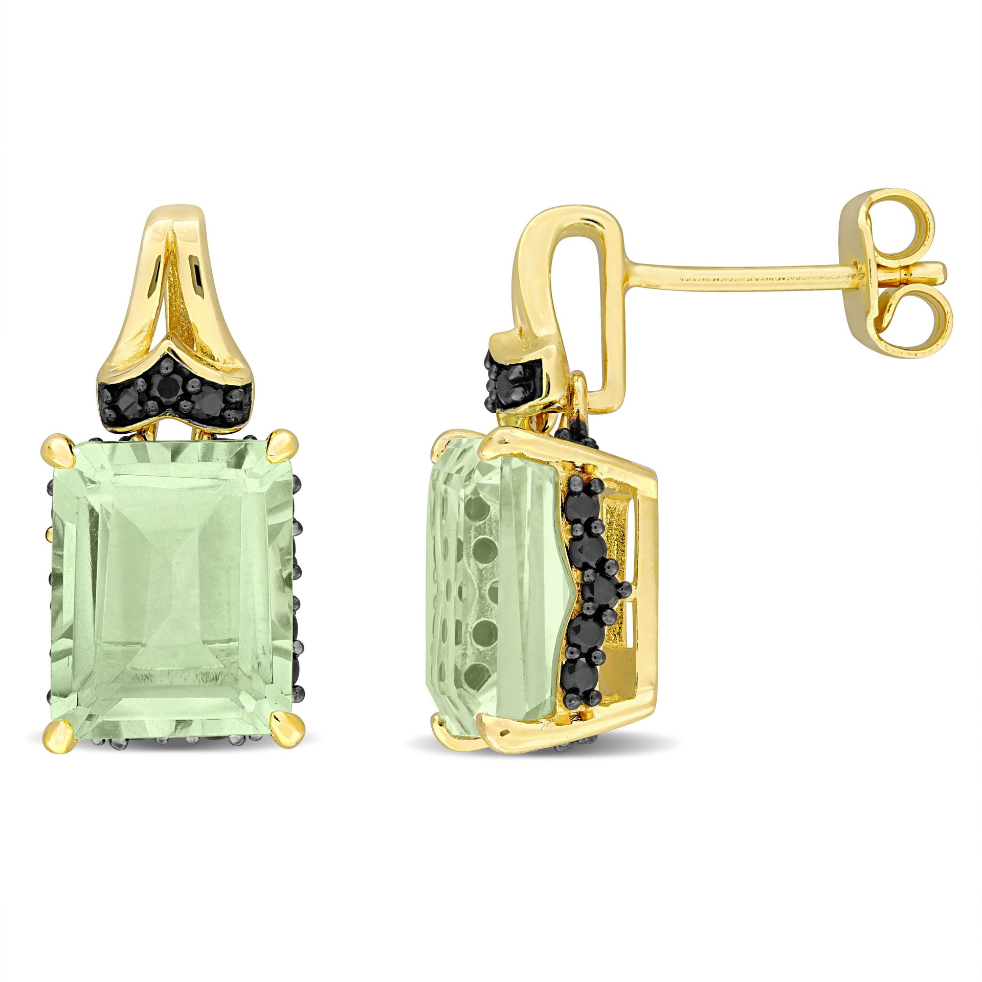 Mimi & Max 6 4/5ct TGW Octagon-Cut Green Quartz and Black Sapphire Earrings in Yellow Silver