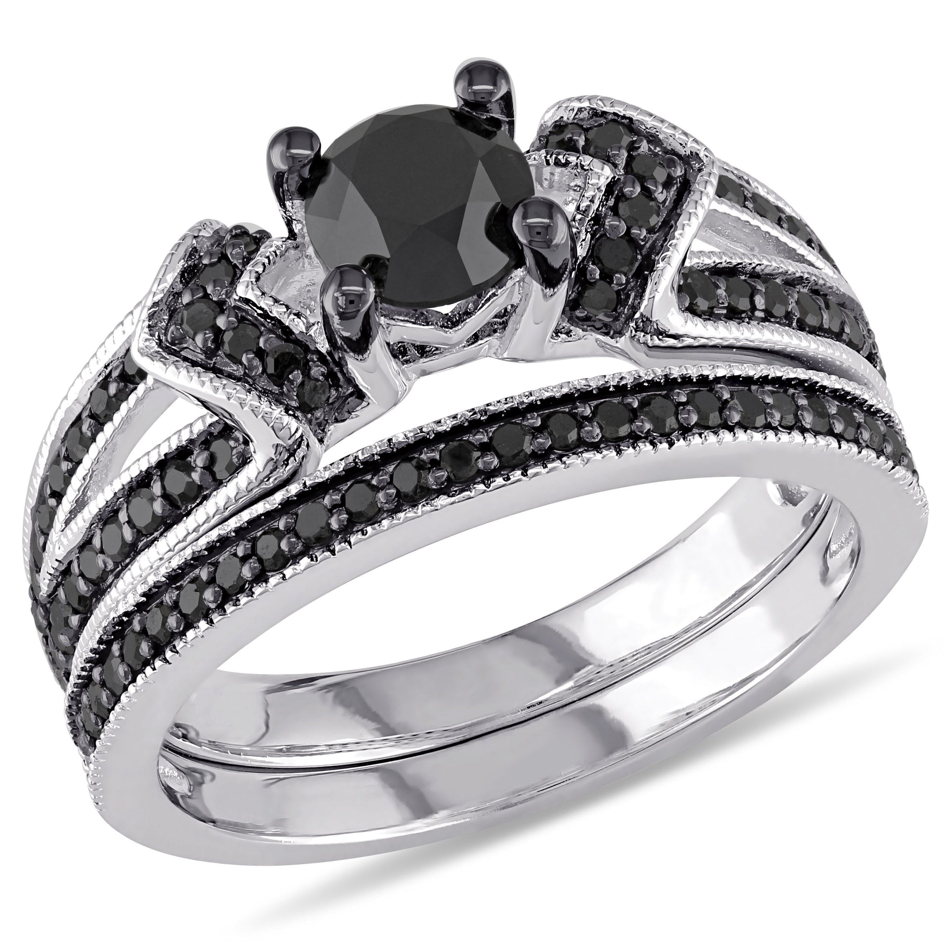 1 1/8 ct TW Black Diamond Split Shank Bridal Set in Sterling Silver with Black Rhodium