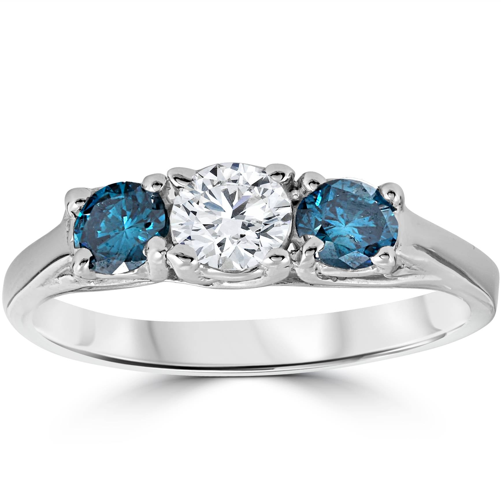 3/4ct 3 Stone Blue & White Diamond Trellis Engagement Ring 14K White Gold