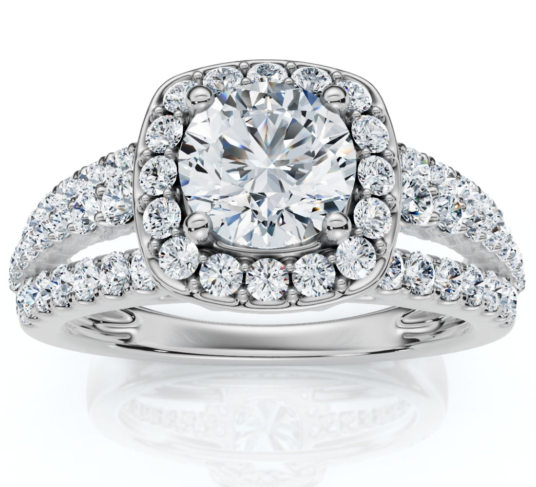 F/VS 1.50ct Multi Row Diamond Cushion Halo Engagement Ring 14k Gold Lab Grown