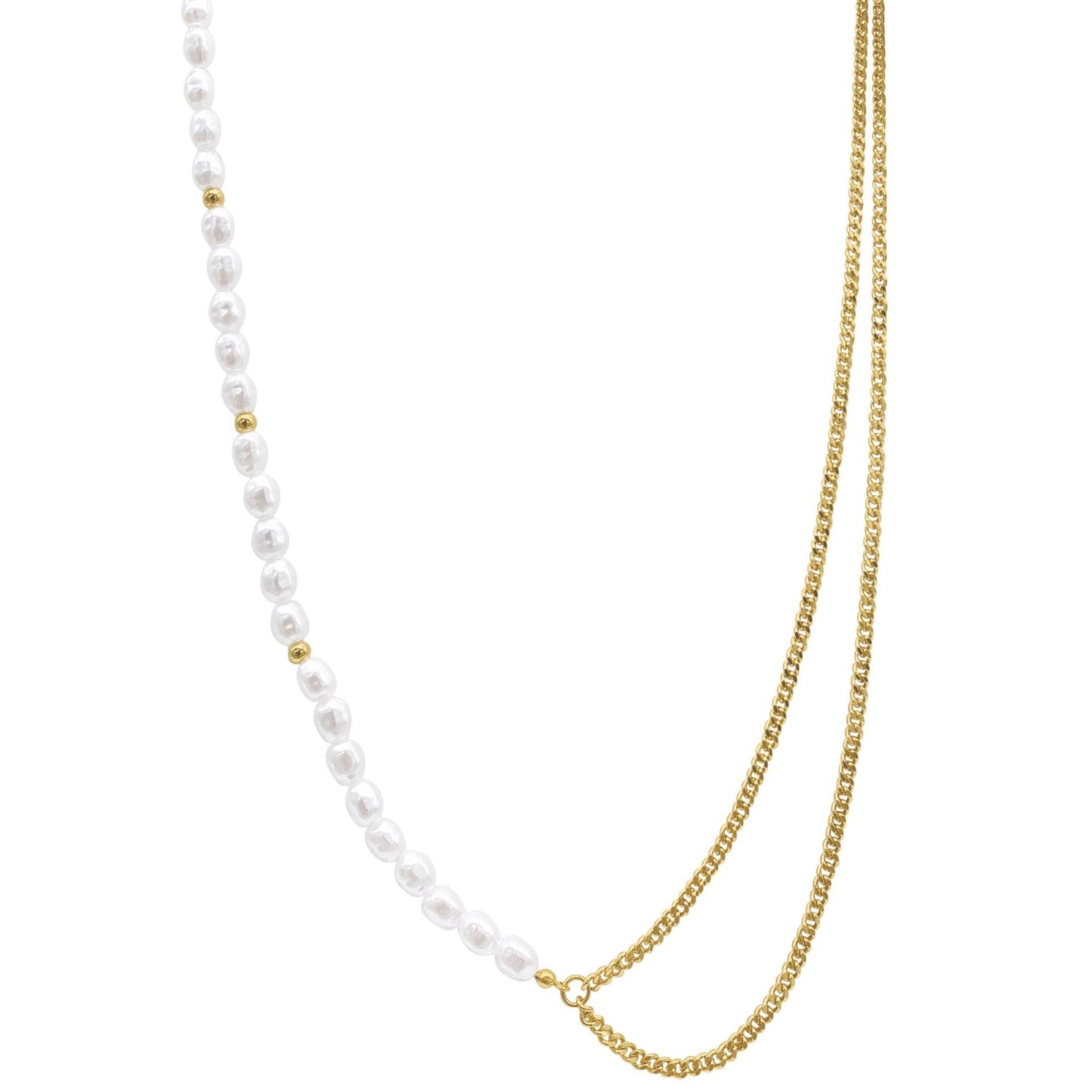 Draped Pearl and Curb Chain Necklace gold