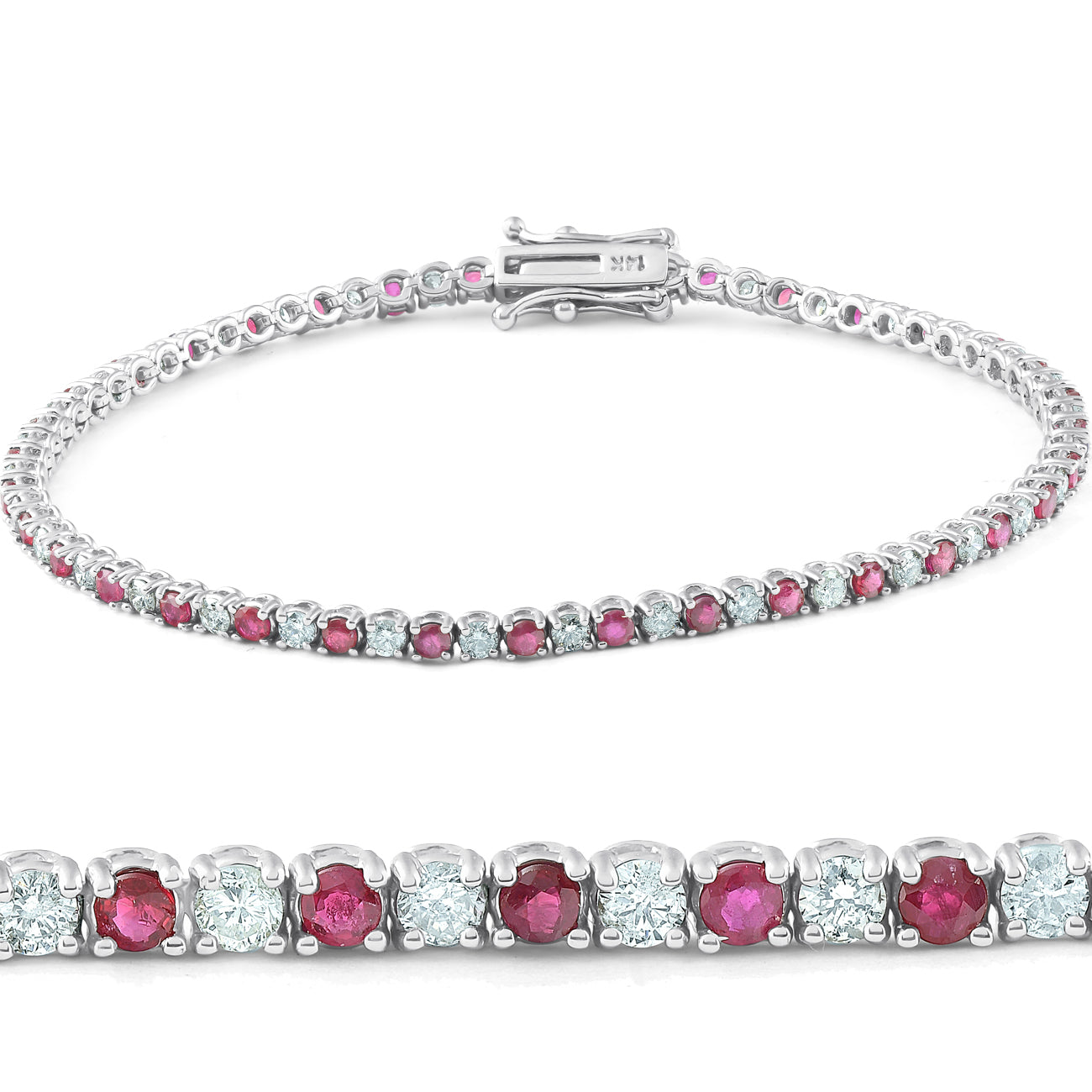 3ct Genuine Ruby & Real Diamond Tennis Bracelet 14K White Gold