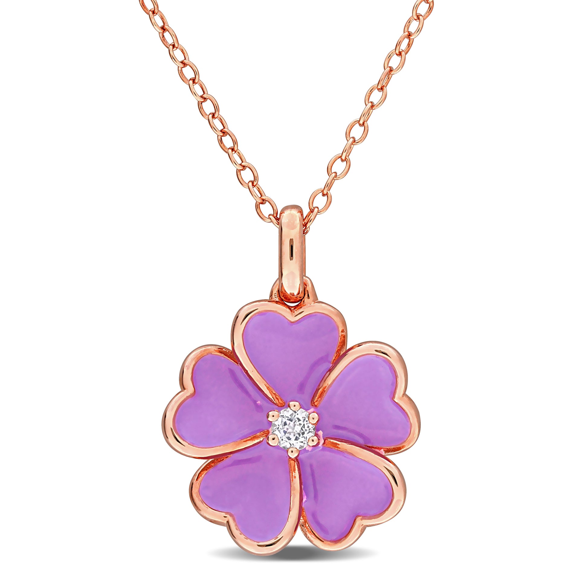 Mimi & Max 1/10ct TGW White Topaz Purple Enamel Plated Flower Necklace Rose Silver-17 in