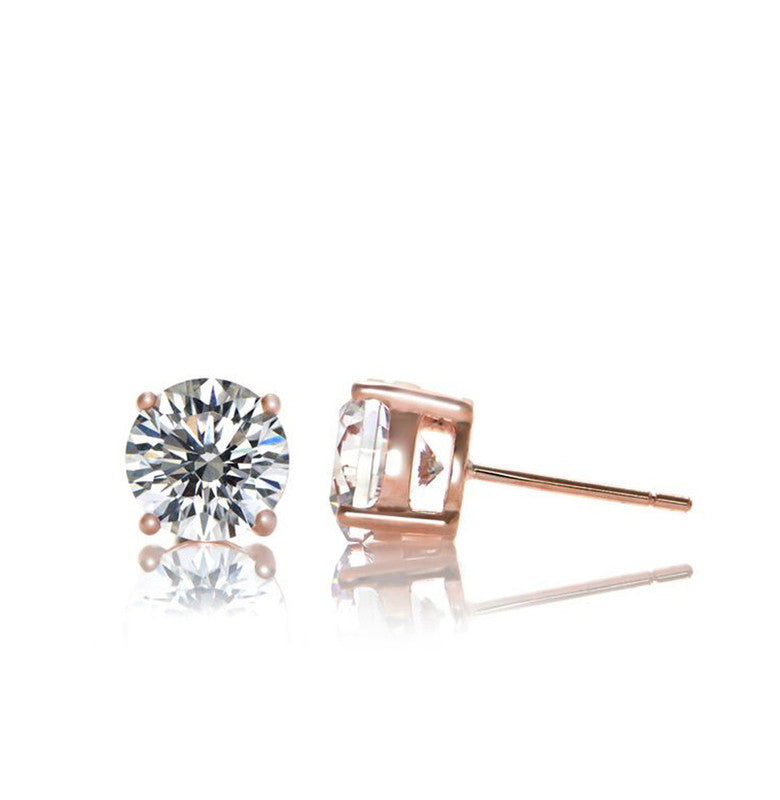 Sterling Silver 18k rose gold plated with Clear Cubic Zirconia Solitaire Stud Earrings