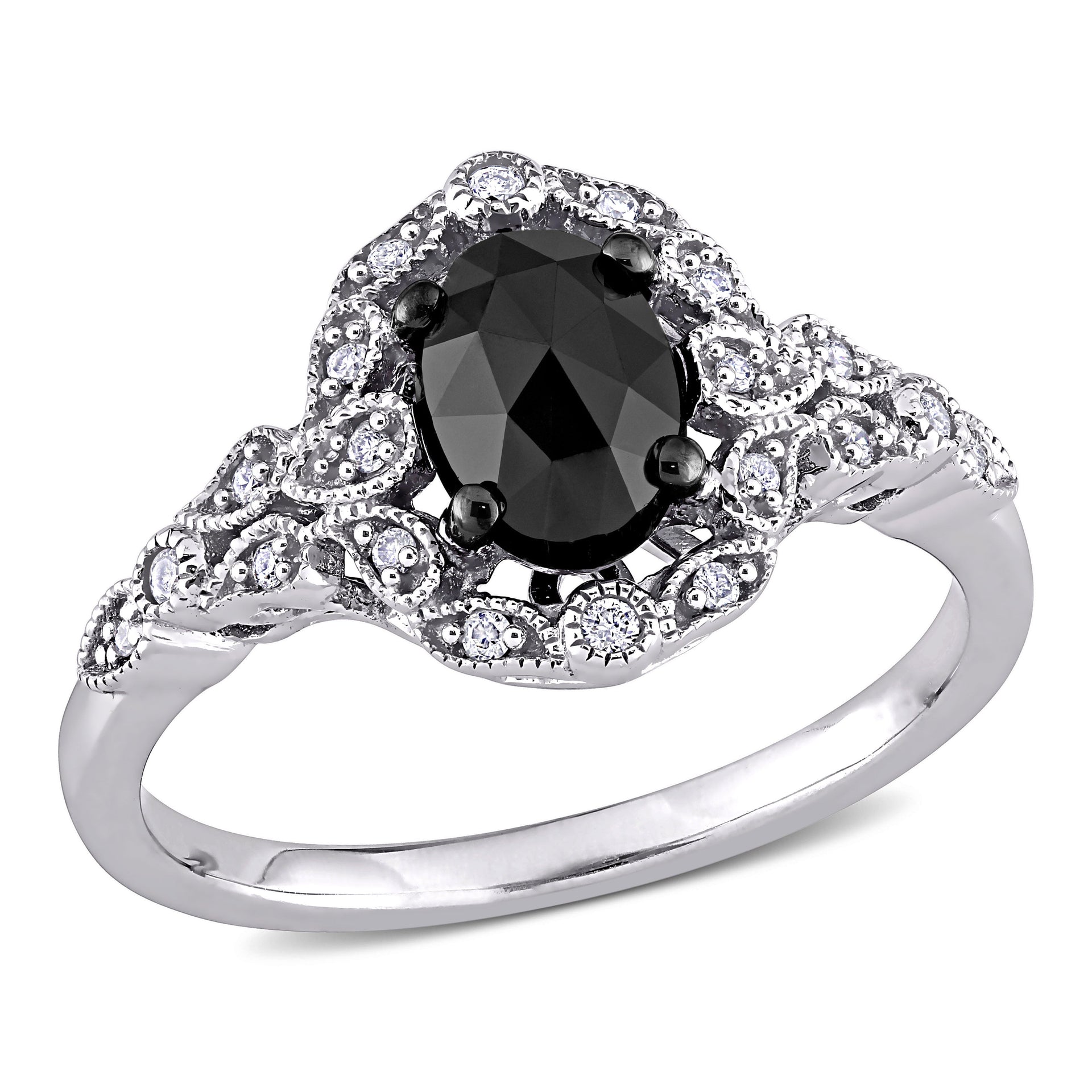 1ct TW Black and White Diamond Cluster Ring in 14k White Gold