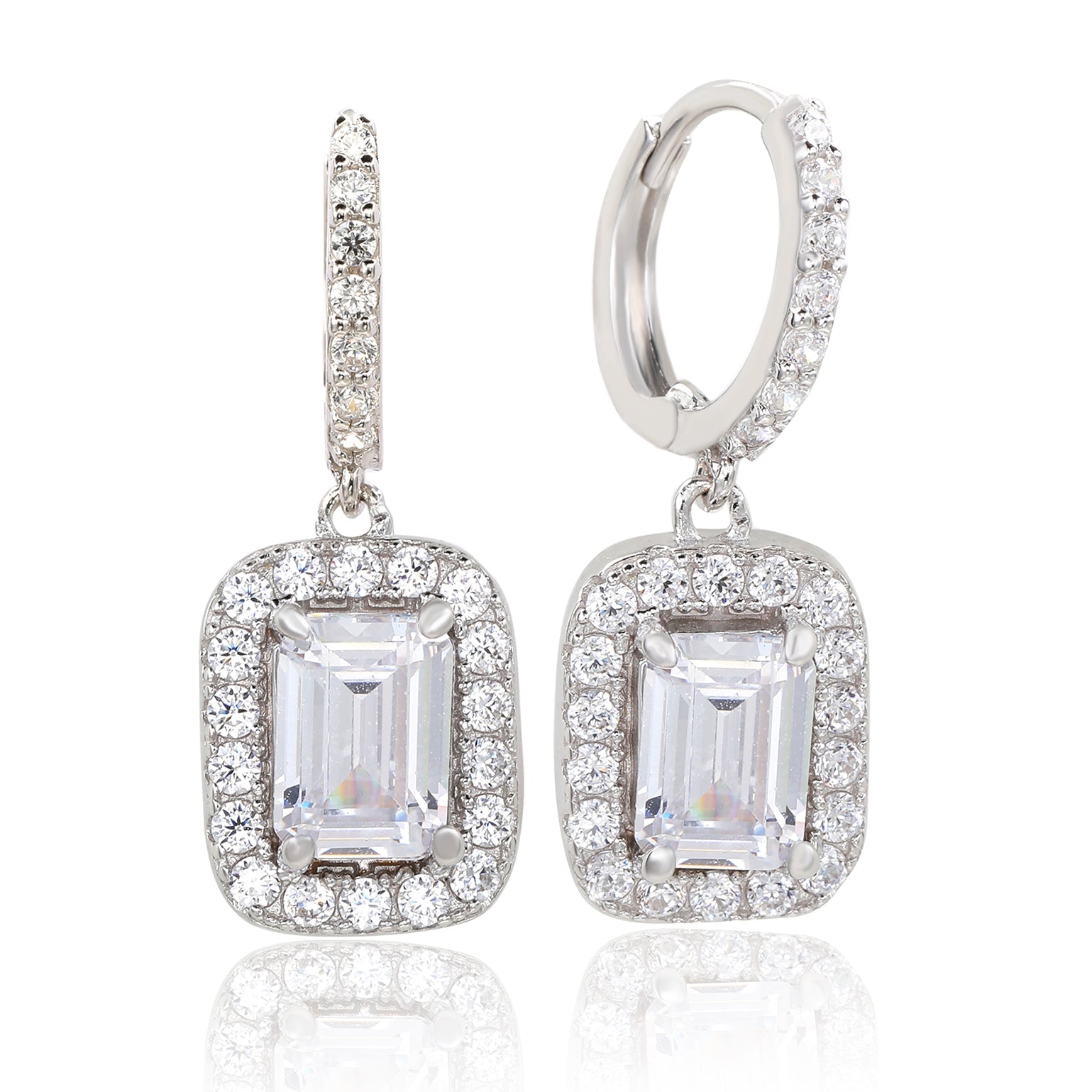 Suzy Levian Sterling Silver Cubic Zirconia Emerald Cut Halo Dangling Earrings