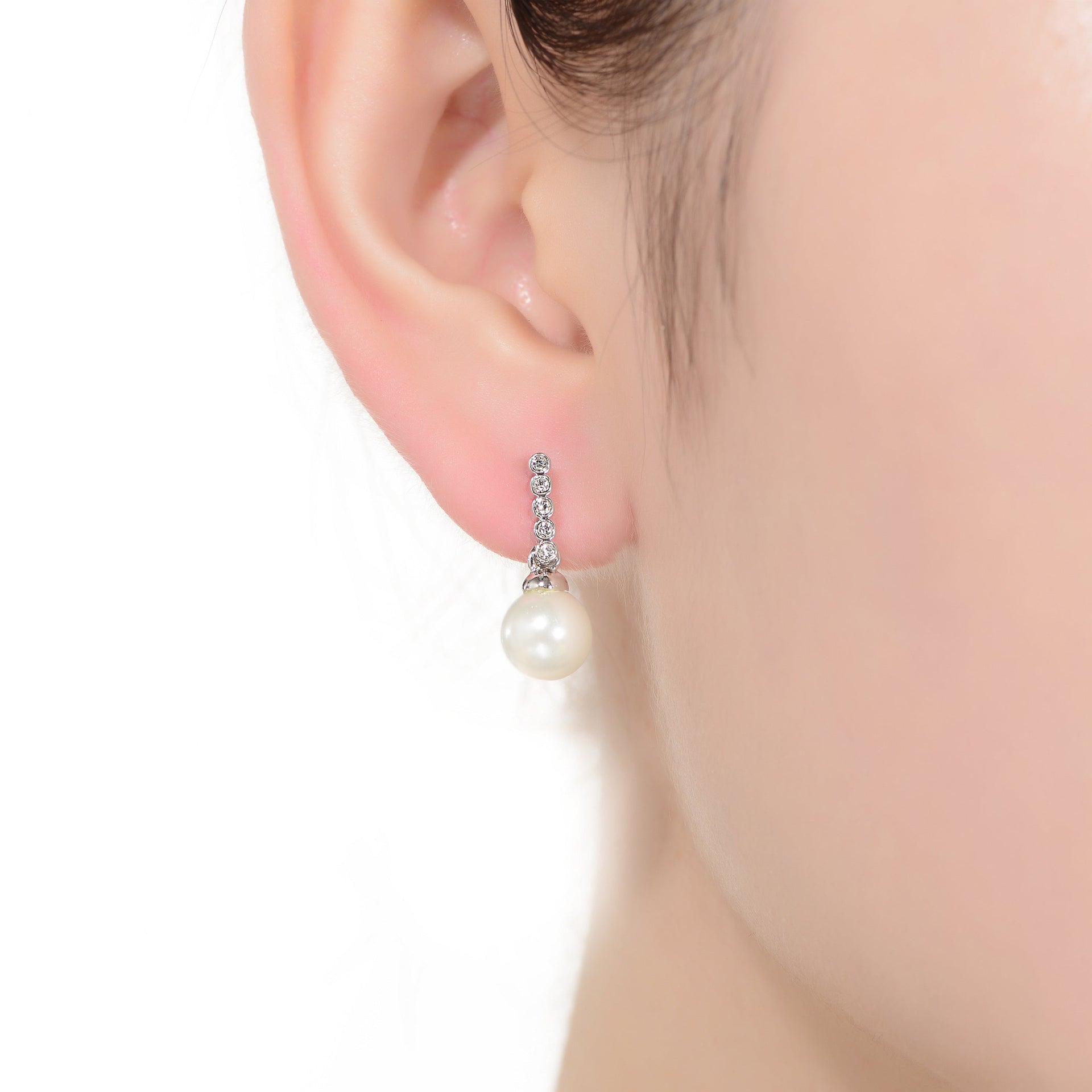 Sterling Silver With Rhodium Plated White Round Freshwater Pearl With Clear Round Cubic Zirconia Drop Earrings