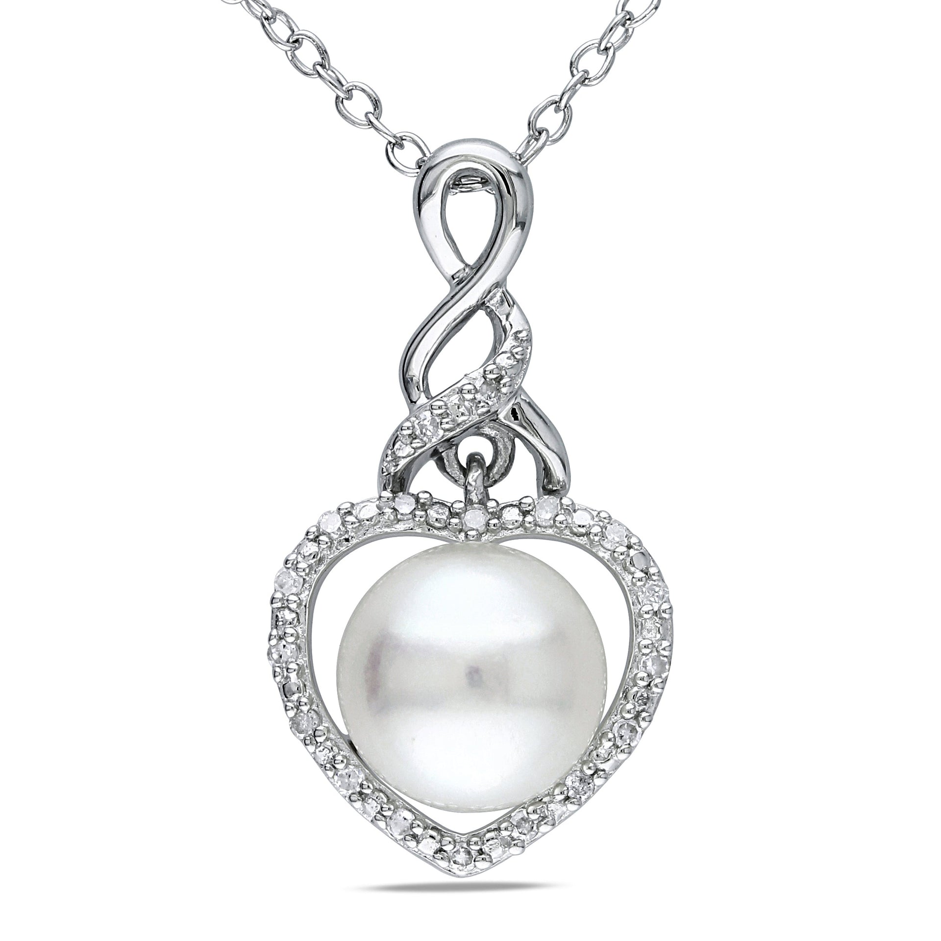 8-8.5mm White Cultured Freshwater Pearl and Diamond Heart Necklace