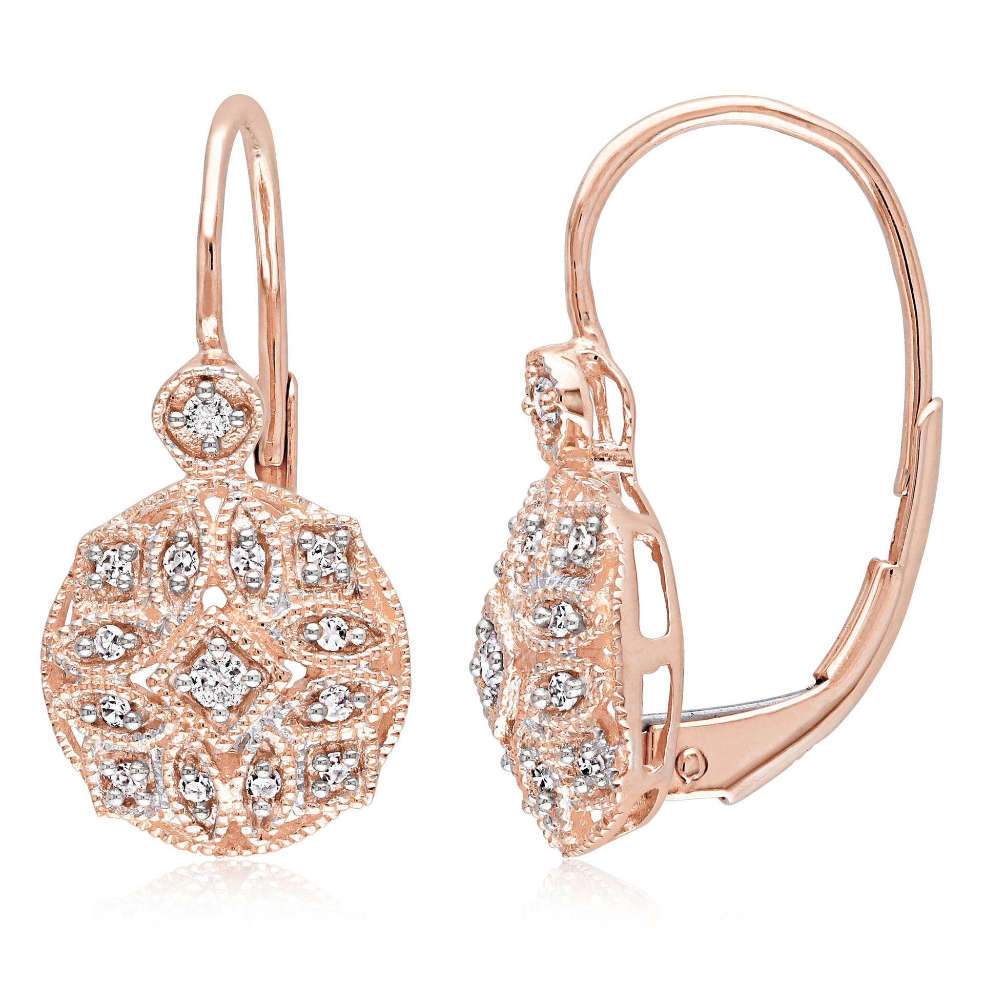 1/8 ct TW Diamond Vintage Leverback Earrings 14k Rose Gold