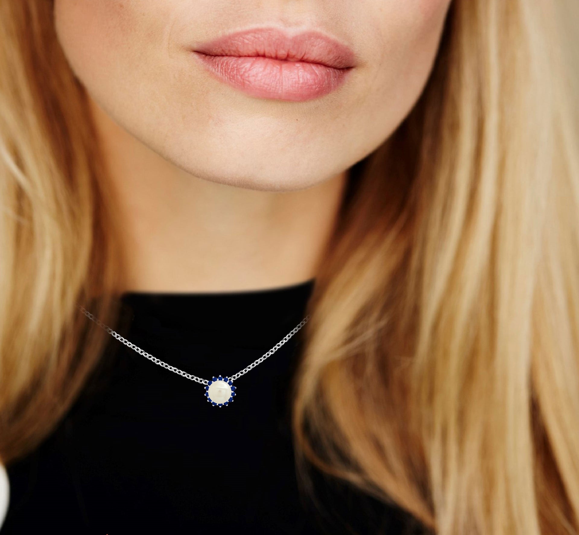 Sterling Silver 9MM Cultured Pearl and Created Blue Sapphire Pendant Necklace