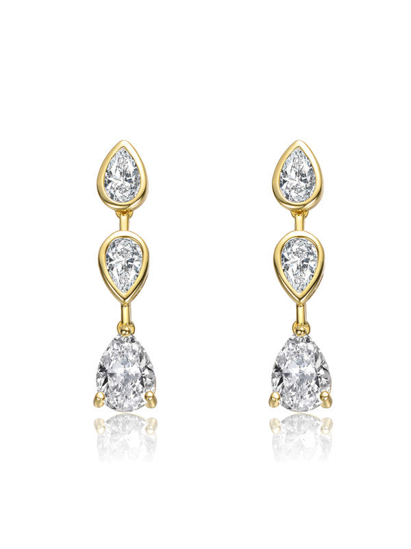 Sterling Silver 14k Gold Plated With Clear Cubic Zirconia Three-stone Pear Drop Earrings