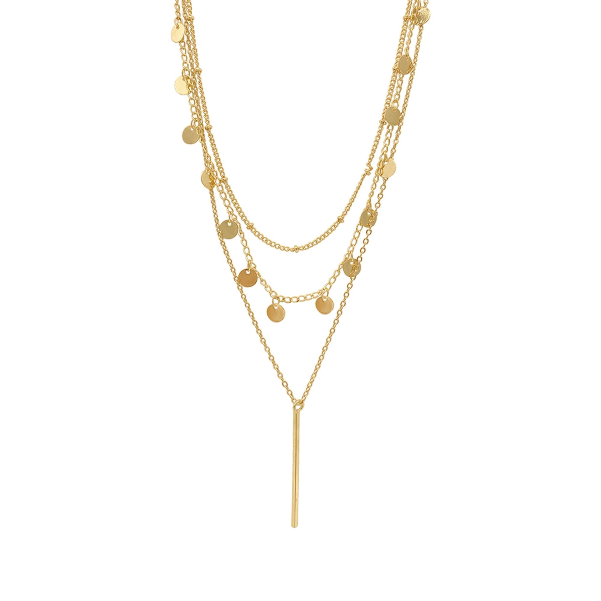 Tarnish Resistant 14k Gold Plated Triplet Confetti And Bar Layered Set Necklace