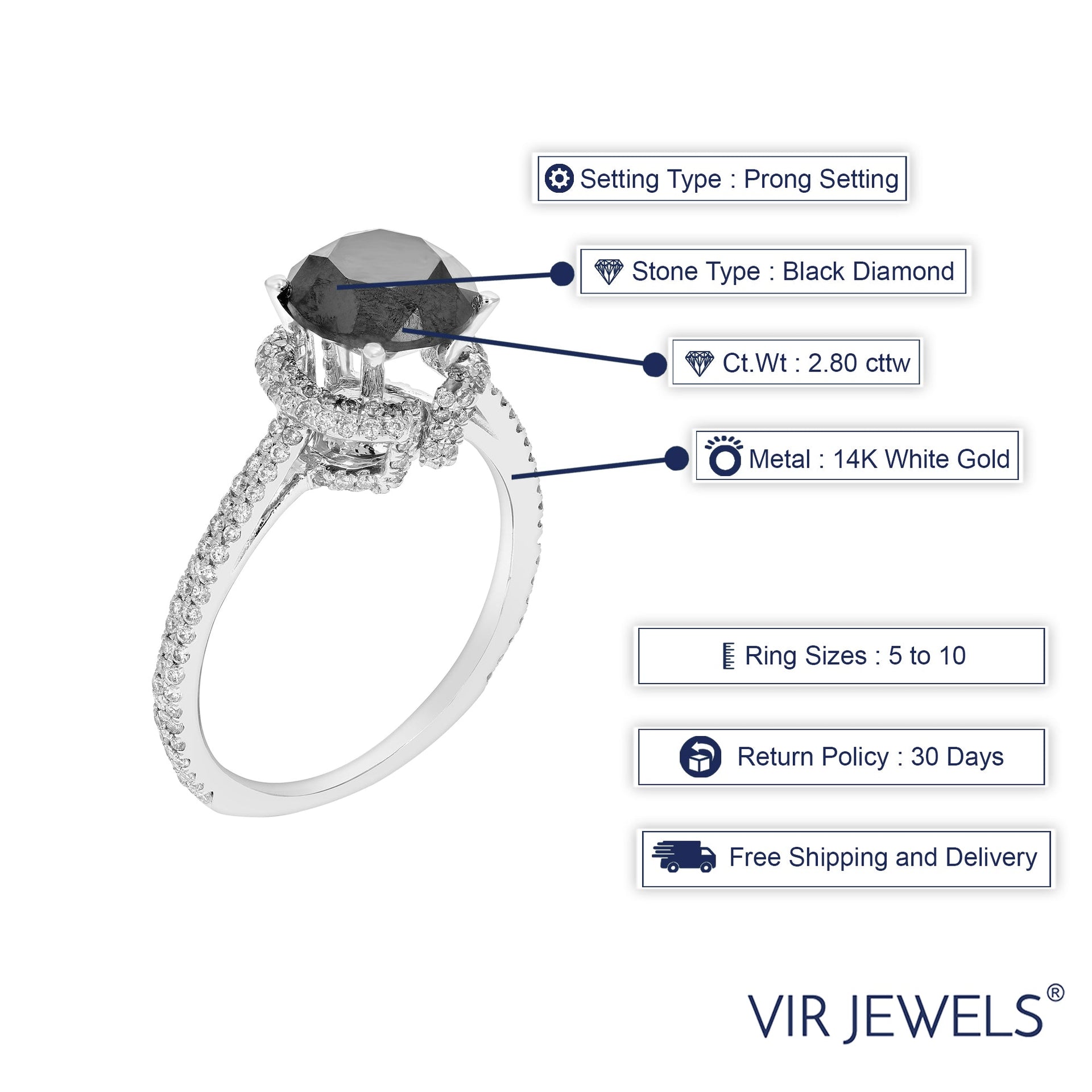 2.80 cttw Black Diamond Engagement Ring 14K White Gold Bridal Wedding