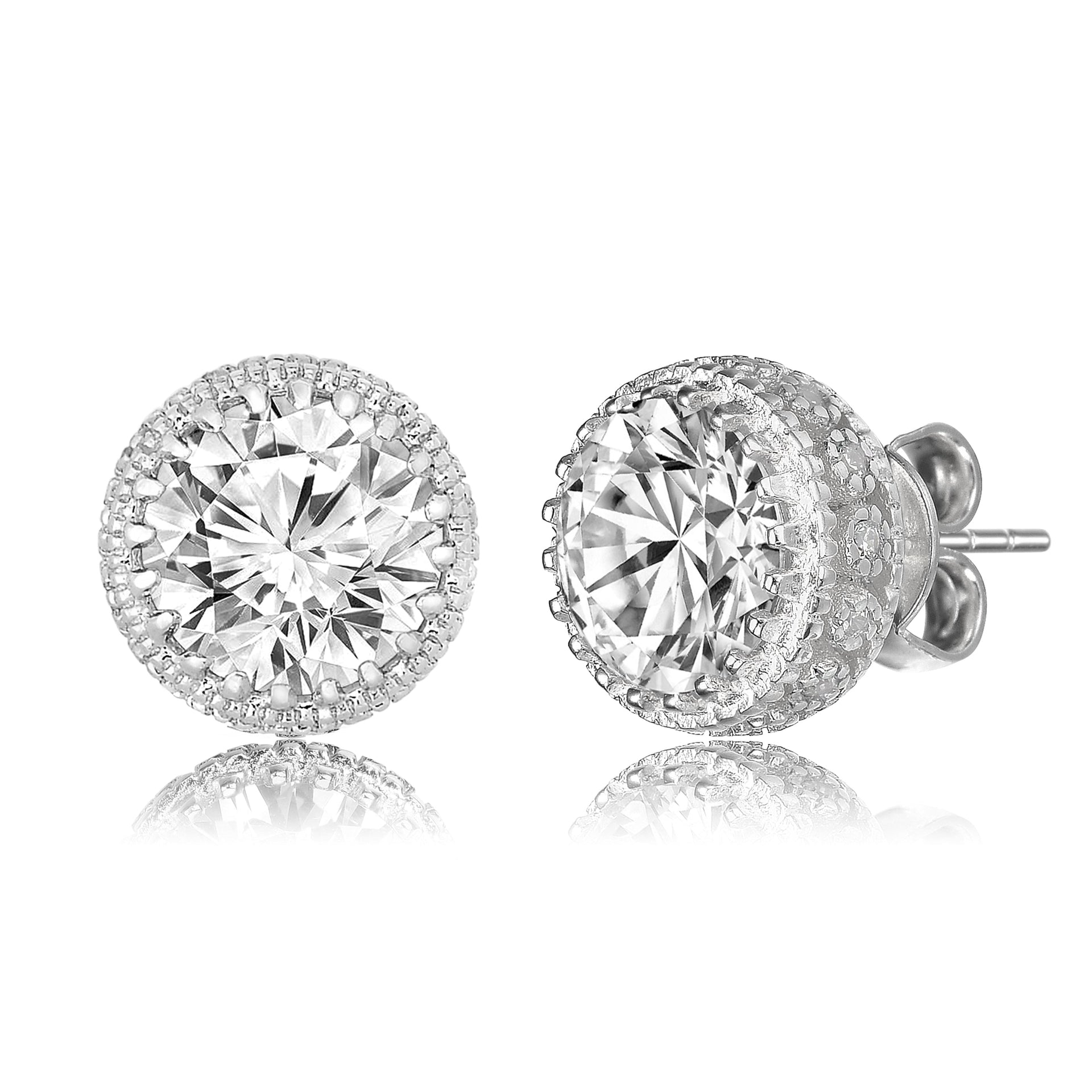Sterling Silver with 4ctw Lab Created Moissanite Solitaire Crown Pave Stud Earrings