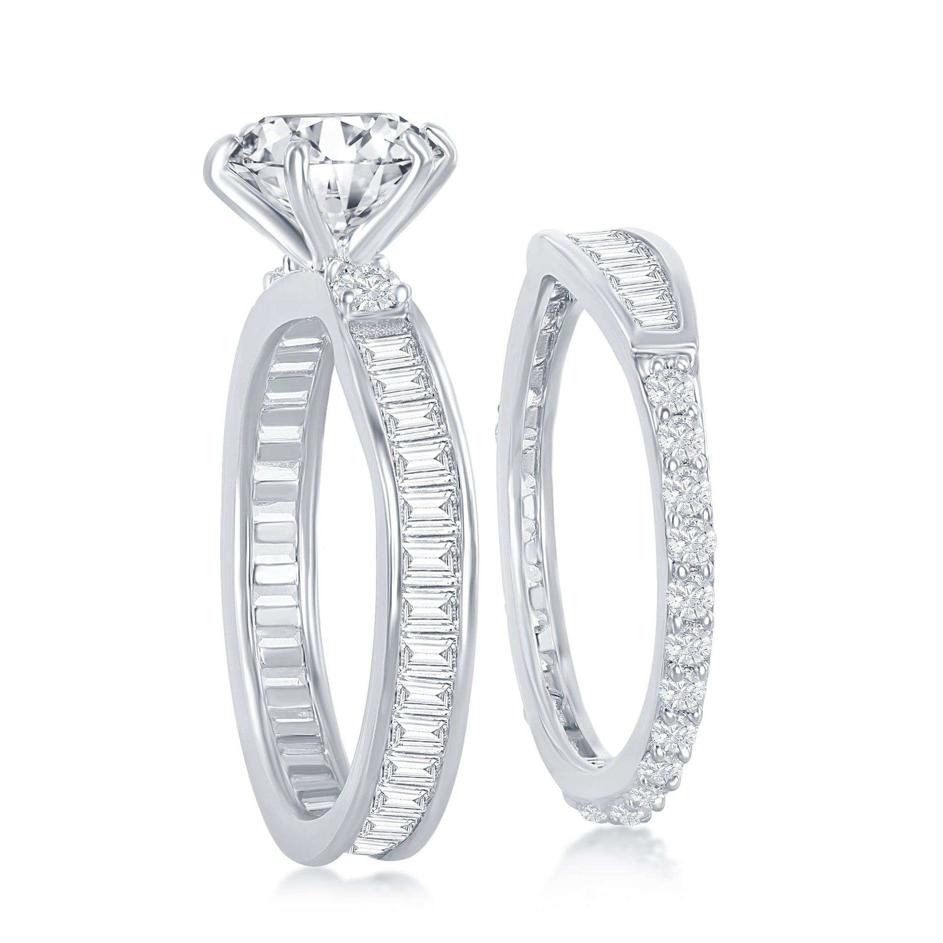 Sterling Silver Six-Prong Baguette CZ Band Engagement Ring Set