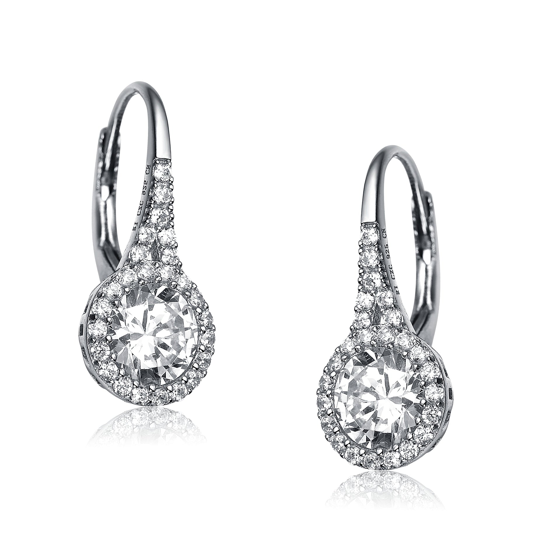 Sterling Silver Cubic Zirconia Halo Leverback Drop Earrings