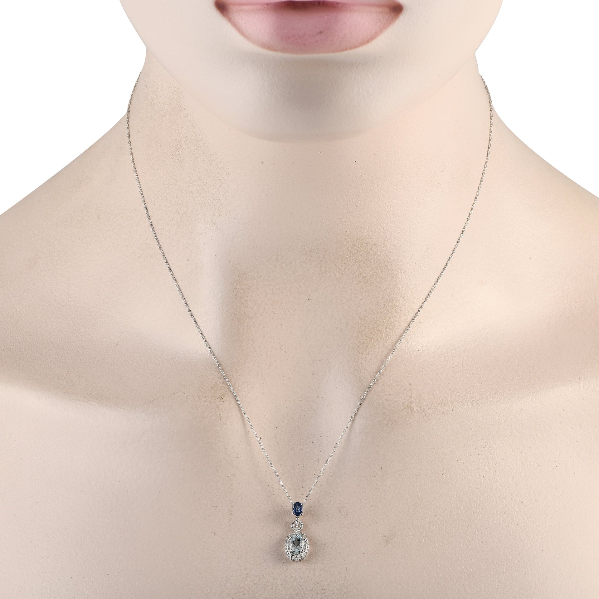 LB Exclusive 14K White Gold 0.08ct Diamond, Aquamarine, and Sapphire Pendant Necklace PD4-16183WAQSA