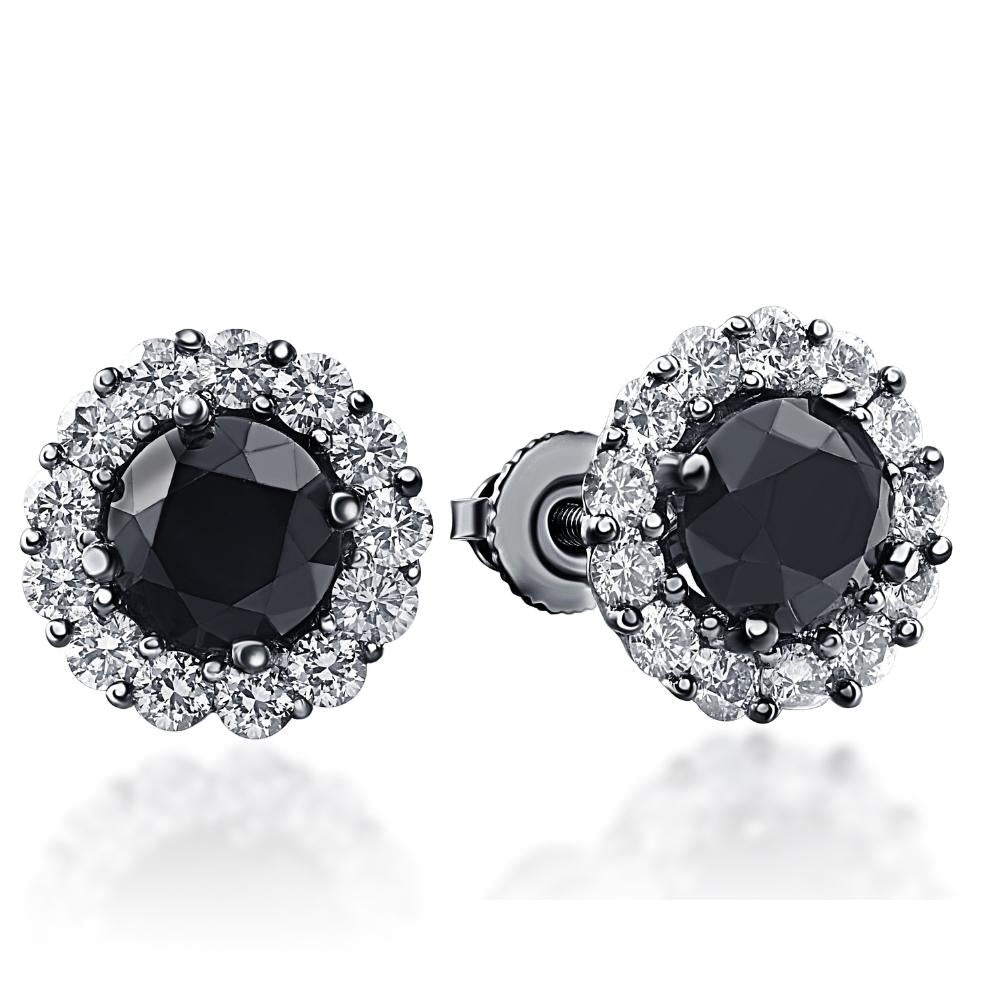 2 3/4 Ct Halo Black & White Diamond Studs 14k Black Gold 10mm