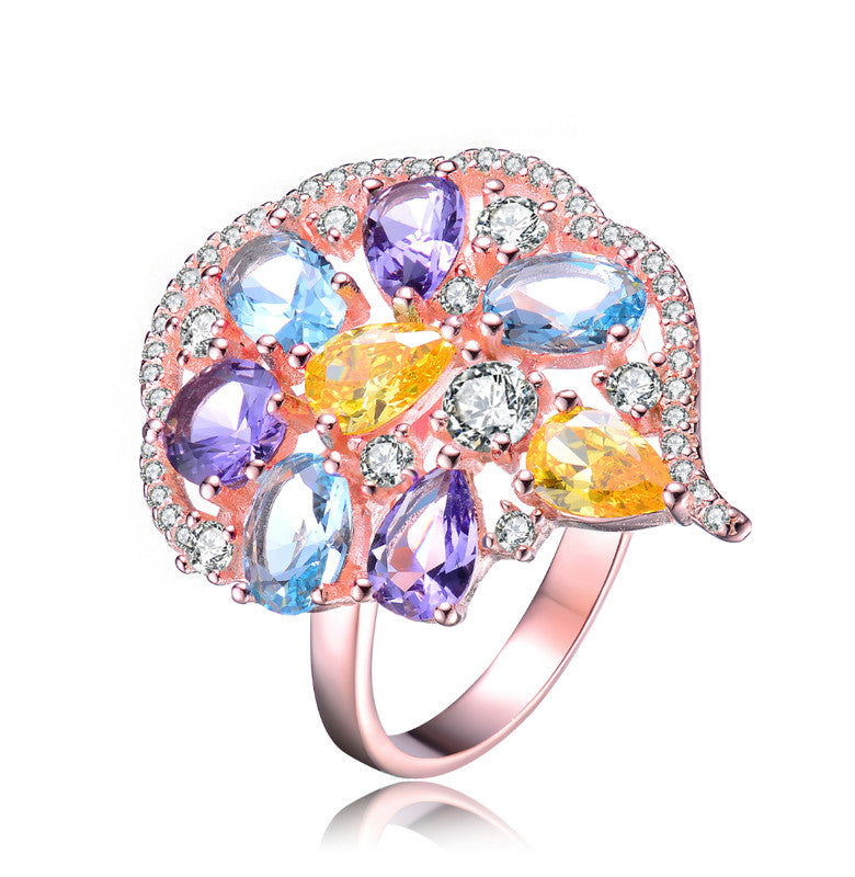 GENEVIVE Sterling Silver Rose Gold Plated Multi Colored Cubic Zirconia Cocktail Ring