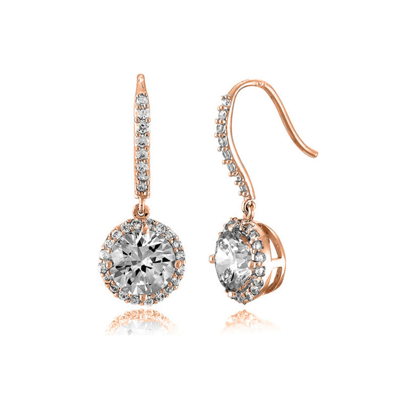 Sterling Silver Cubic Zirconia Round Halo Drop Earrings