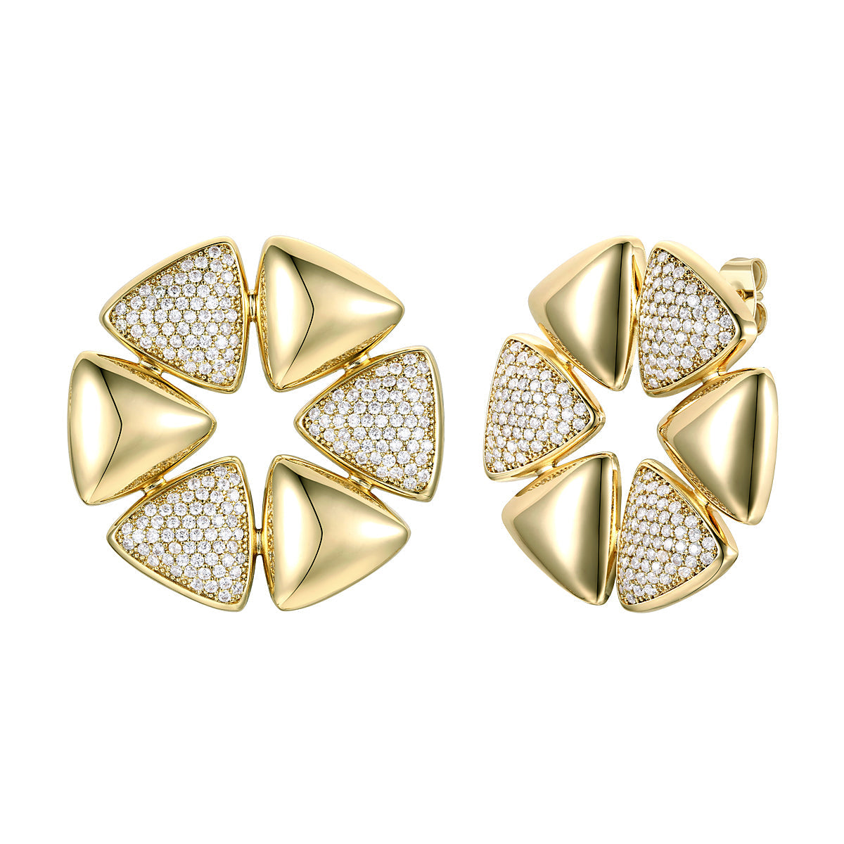 Rg Large 14k Gold Plated with Diamond Cubic Zirconia Pave Modern Abstract Flower Stud Earrings