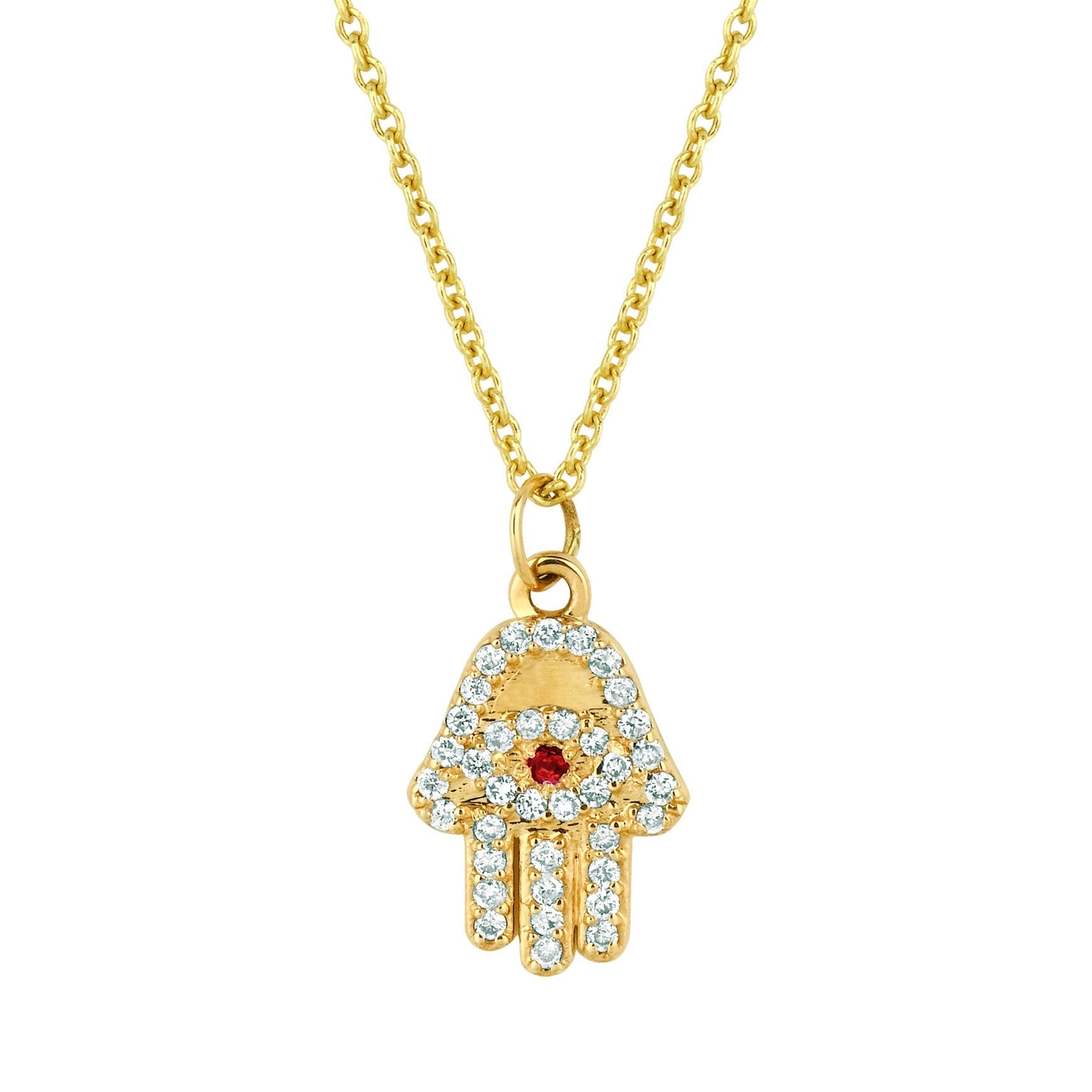 Diamond & Ruby Hamsa Necklace Yellow Gold