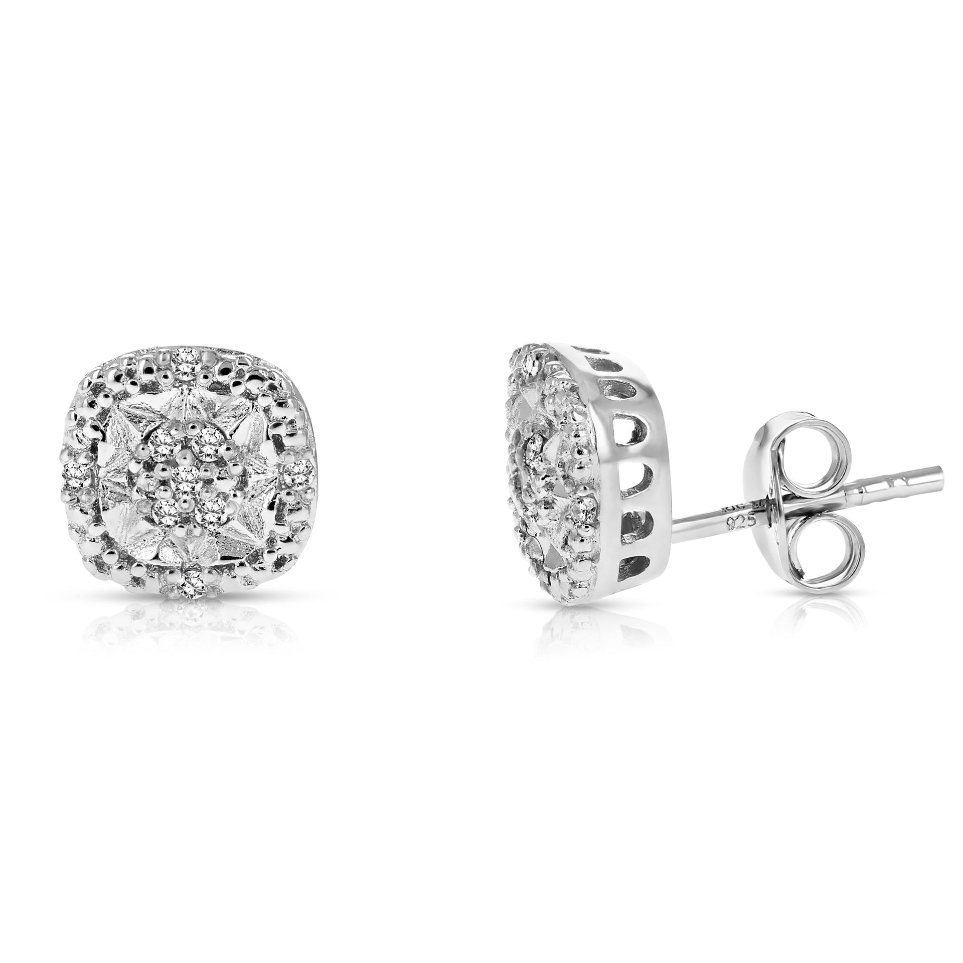 1/10 cttw Diamond Earrings in .925 Sterling Silver Push Backs Cushion Shape