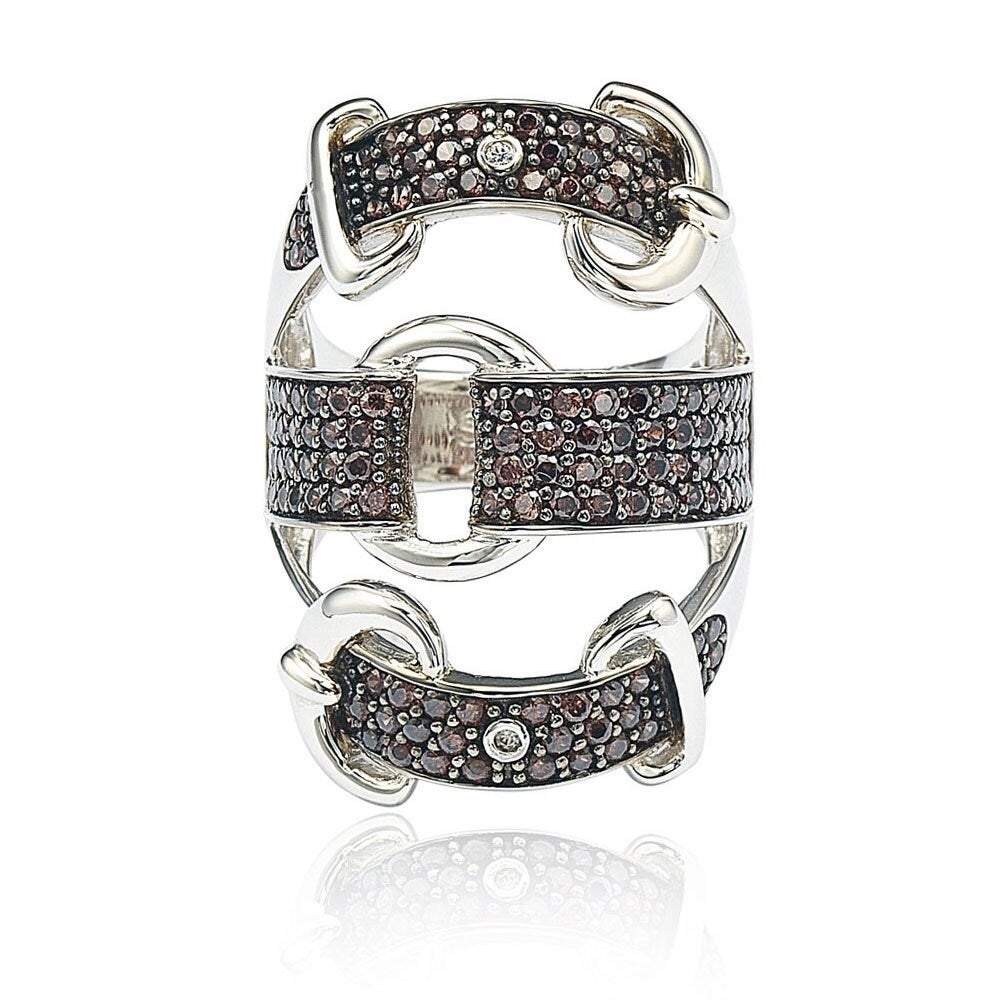 Suzy Levian Sterling Silver Cubic Zirconia Brown and White Buckle Ring
