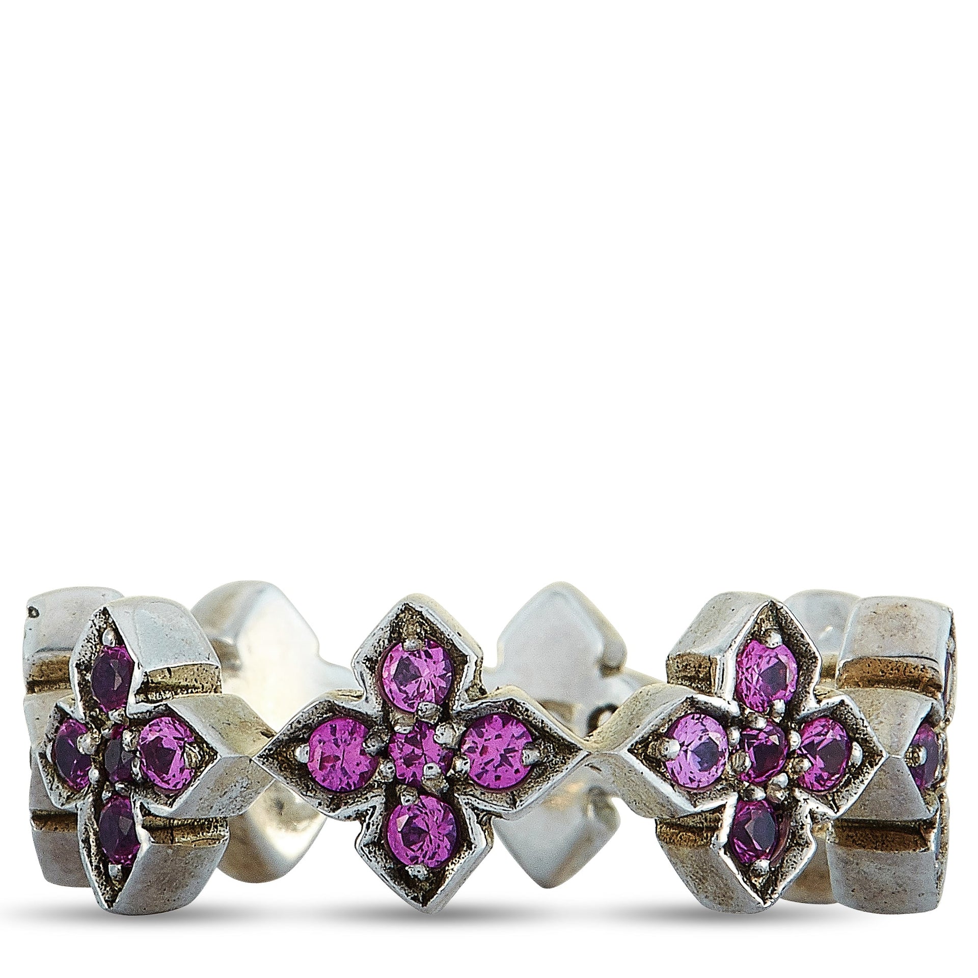 Silver and Pink Cubic Zirconia MB Cross Ring