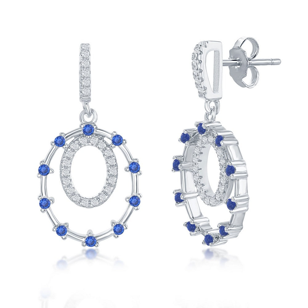 Sterling Silver Double Circle, Blue CZ Earrings
