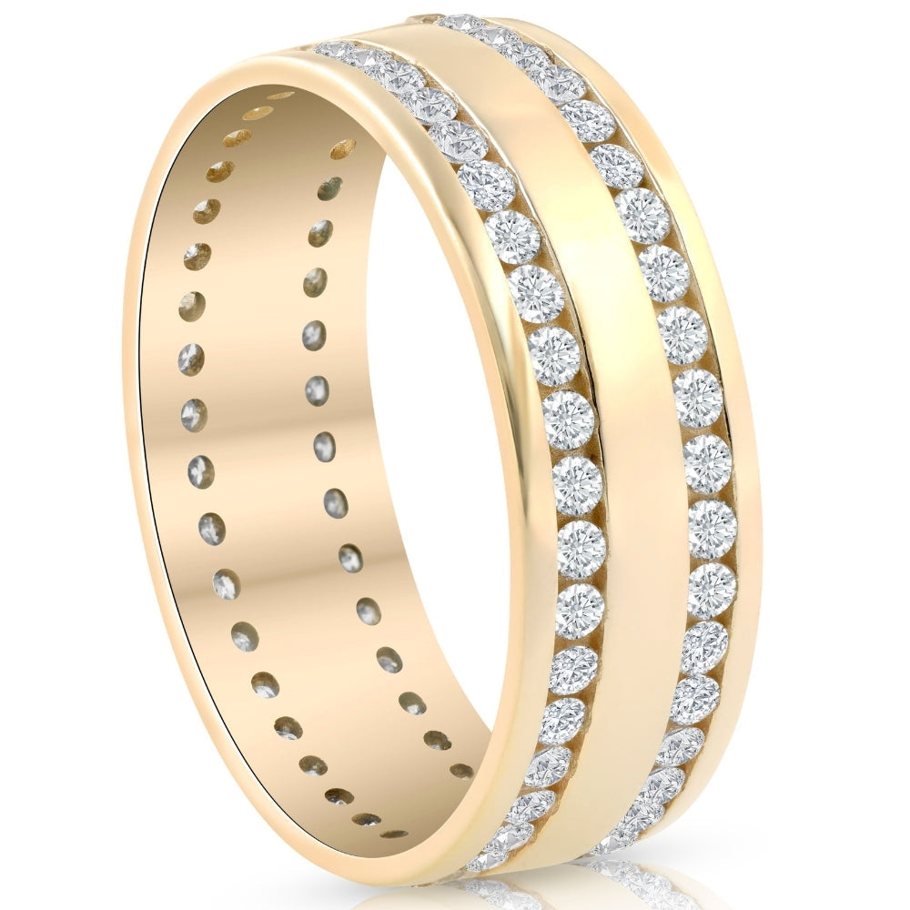 1 1/2 CT Diamond Double Row Eternity Ring 14k Yellow Gold 7.5mm Wide Flat Band