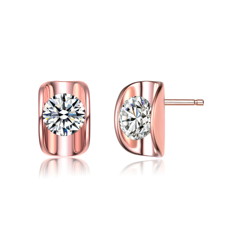 GENEVIVE Sterling Silver Rose Gold Plated Cubic Zirconia Geometrical Stud Earrings
