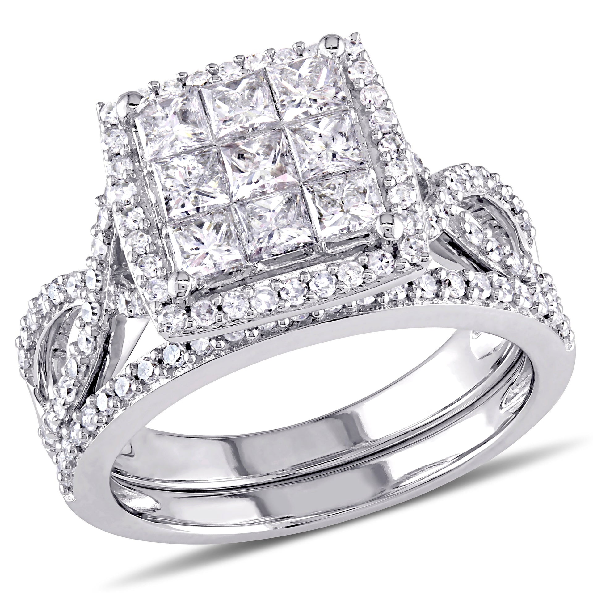 1 1/2 ct TW Princess Cut Halo Diamond Bridal Set in 10k White Gold