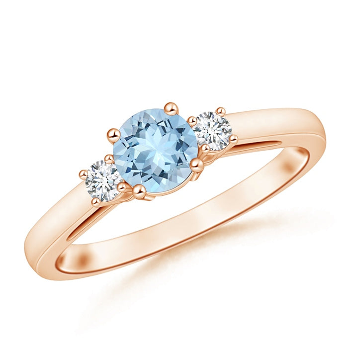 Prong-Set Round Aquamarine and Diamond Three Stone Engagement Ring