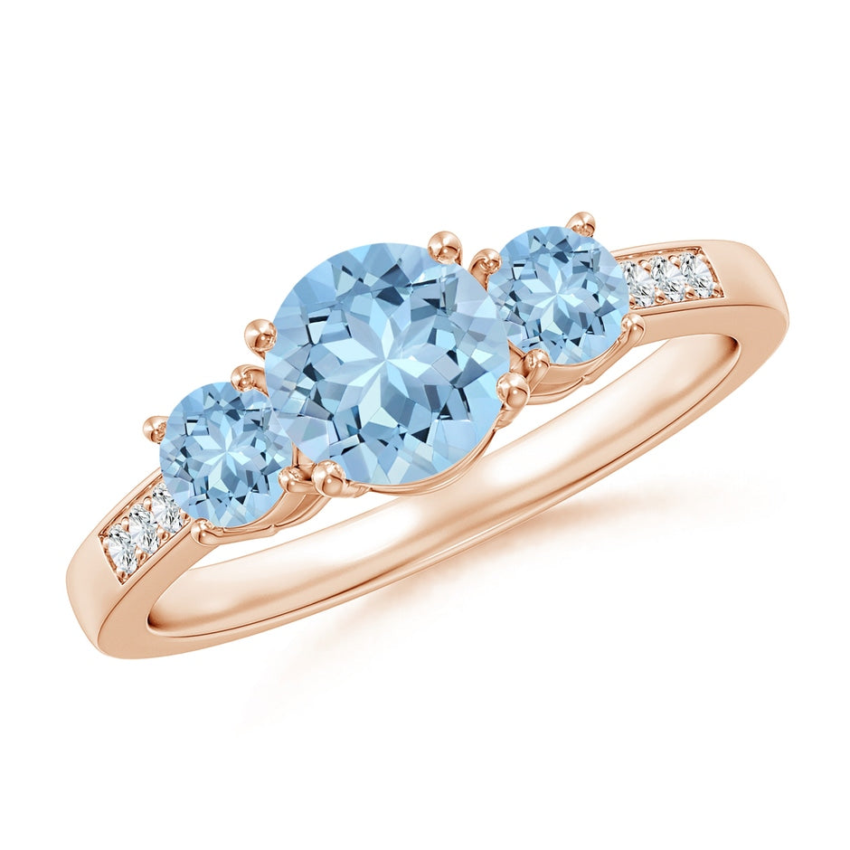 Three Stone Round Aquamarine Ring with Diamond Accents