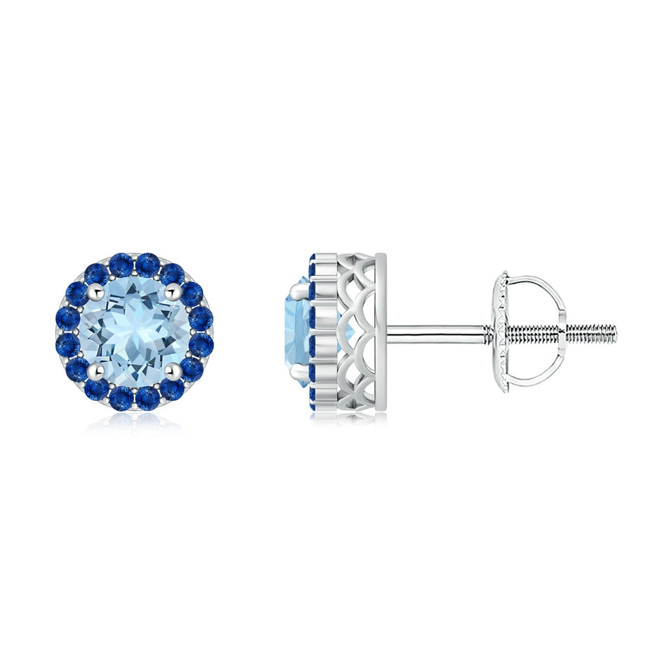 Round Aquamarine and Sapphire Halo Stud Earrings