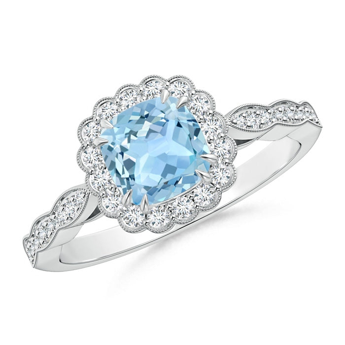 Cushion Aquamarine Ring with Floral Halo