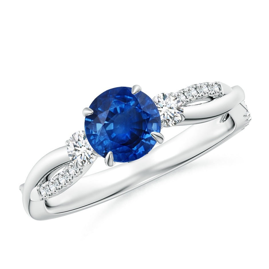 Three Stone Claw-Set Round Blue Sapphire and Diamond Engagement Ring