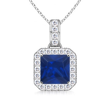 Square Sapphire and Diamond Halo Pendant