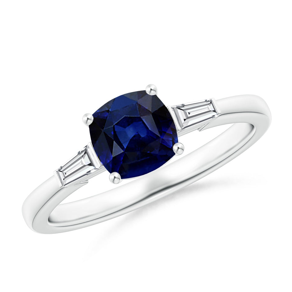 Cushion Sapphire Ring with Bar-Set Tapered Baguette Diamonds