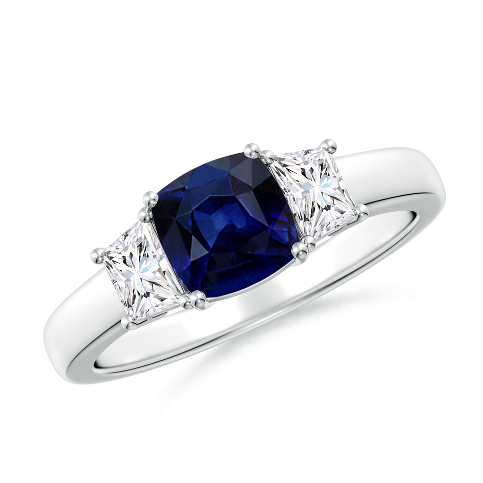 Classic Cushion Blue Sapphire and Trapezoid Diamond Three Stone Engagement Ring